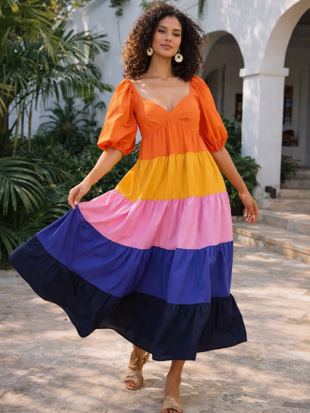 FARM Rio Anthropologie Colorblock Tiered Maxi Dress XS Puff Sleeve